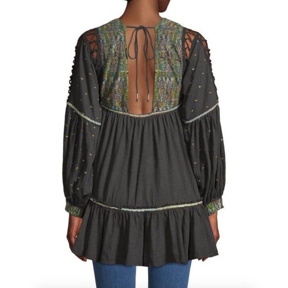 New Free People Much Love Embroidered Long Sleeve Tunic Top Washed Black Size XS - Picture 4 of 16